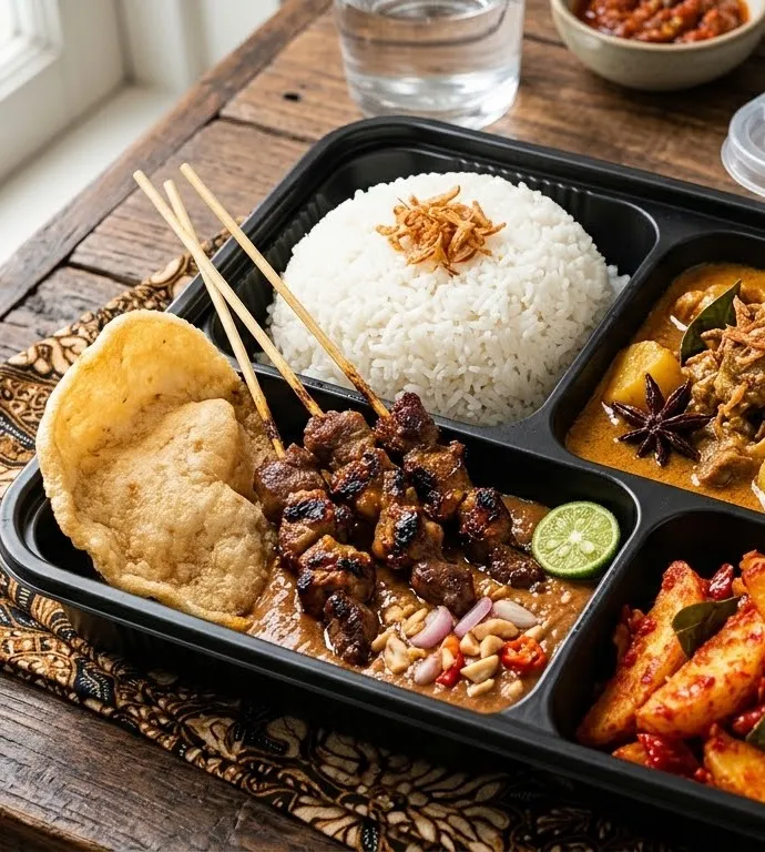 Ilustrasi satu nasi box aqiqah: nasi putih bertabur bawang goreng, sate dengan bumbu kacang, gulai berkuah santan, kentang balado, acar, dan kerupuk, tertata dalam kotak bersekat di atas kain batik.