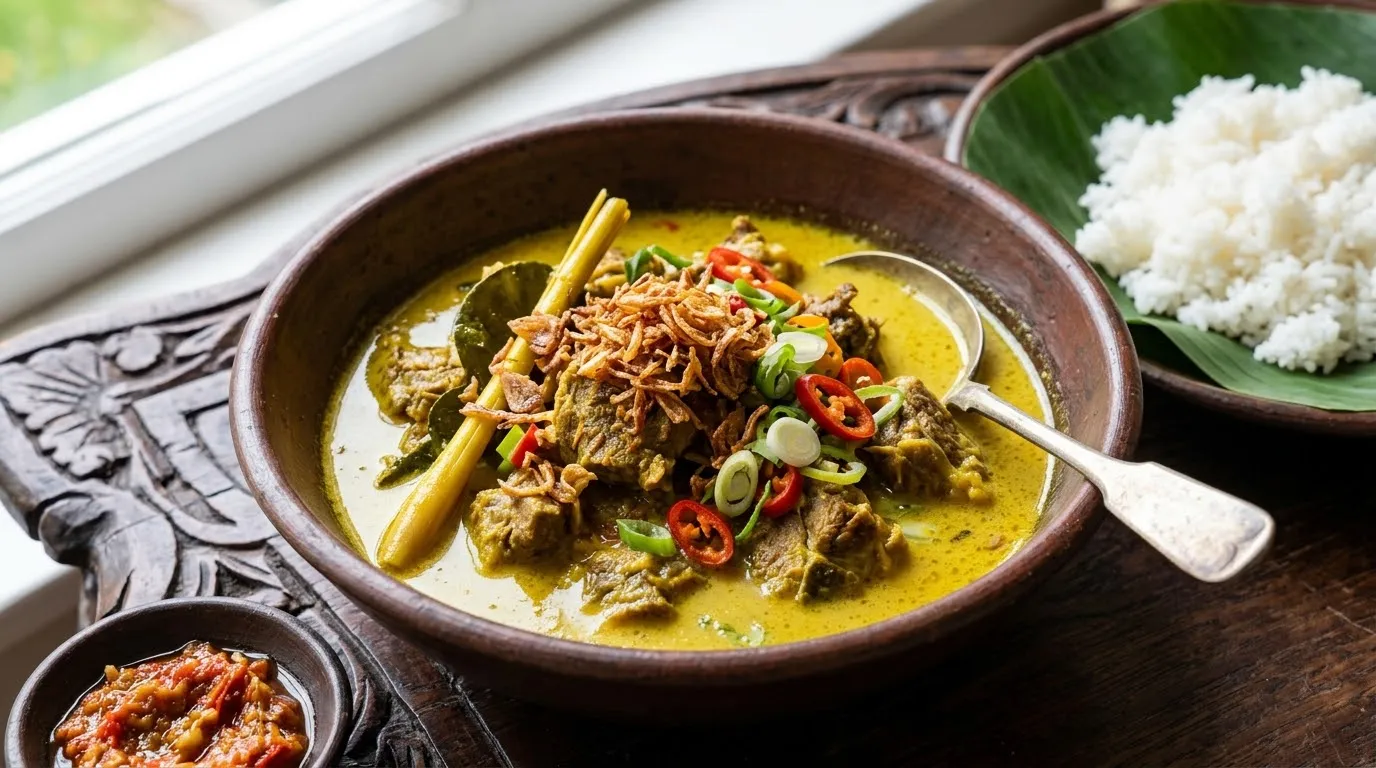 Ilustrasi gulai kambing berkuah santan dalam mangkuk kayu, ditaburi bawang goreng dan irisan cabai.