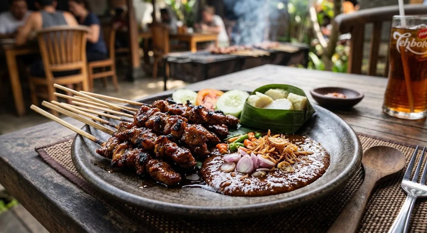 Ilustrasi sate kambing di atas piring tanah liat dengan bumbu kacang, irisan bawang, dan lontong.