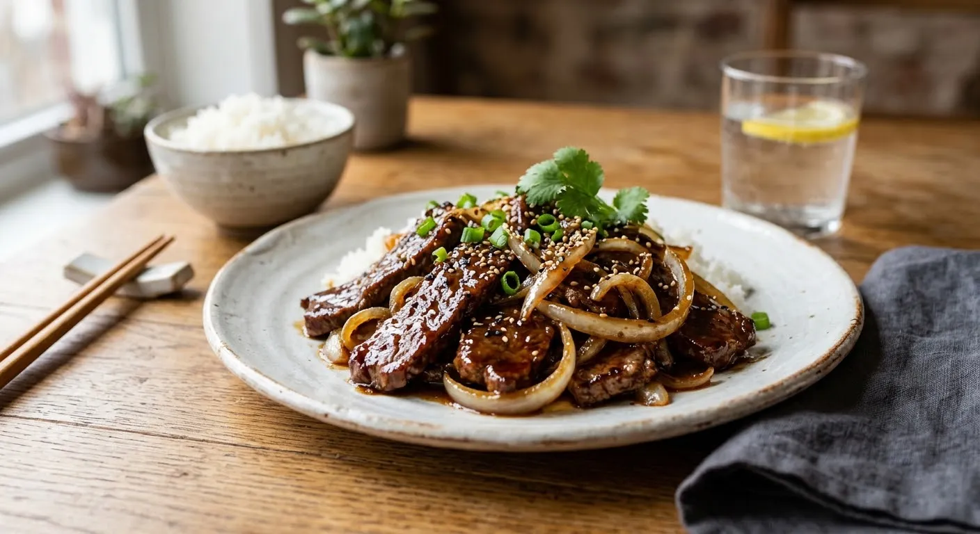 Ilustrasi olahan daging teriyaki dengan irisan bawang bombay dan taburan wijen, disajikan bersama nasi putih.